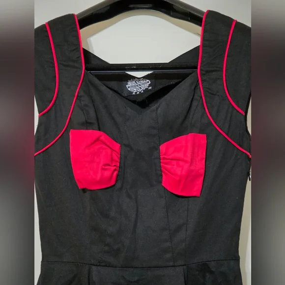 Hearts & Roses Black+Red Retro Inspired Pin Up Style Dress Bikercore Bow Size XS - Picture 8 of 14
